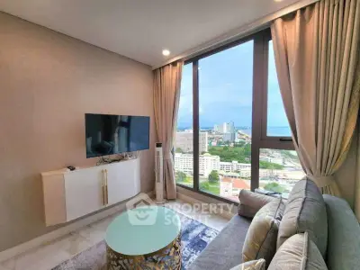 Luxurious living room with stunning city view and modern decor