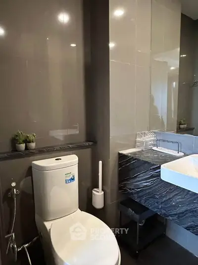 Modern bathroom with sleek design and elegant fixtures, featuring a stylish sink and toilet.