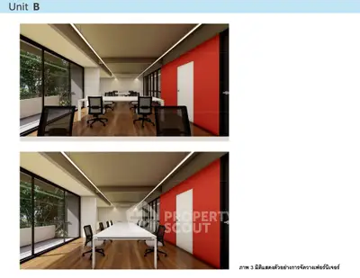 Modern office space with sleek design and large windows in Unit B