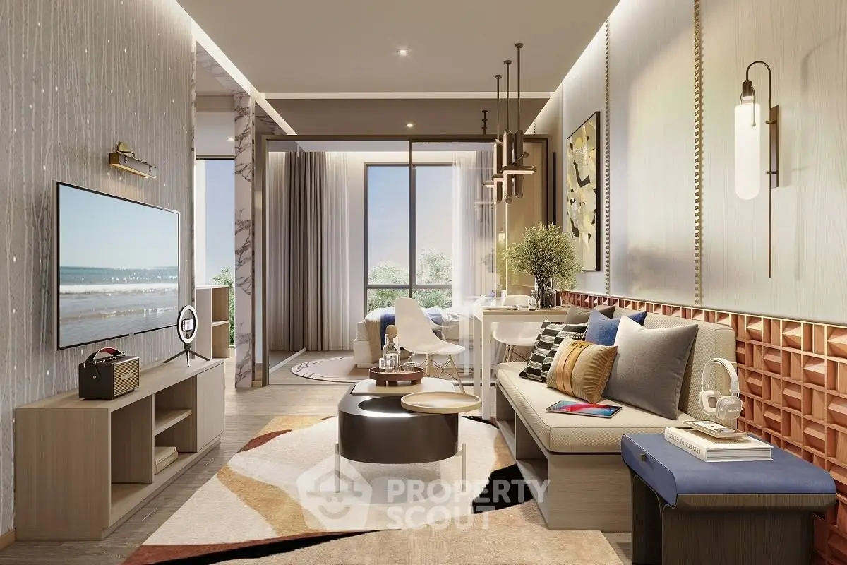 Luxurious modern living room with stylish decor and large windows offering a stunning view.