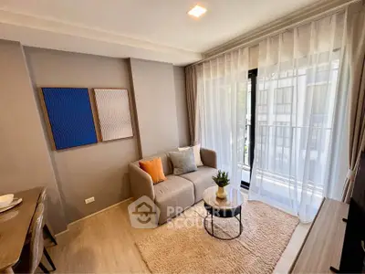 Chic modern living room with cozy sofa and natural light in stylish apartment.
