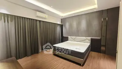 Spacious modern bedroom with elegant design and ambient lighting