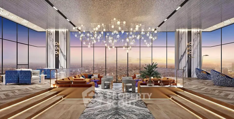 Luxurious penthouse living room with panoramic city views and elegant modern decor.
