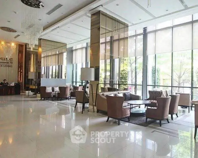 Luxurious lobby with elegant seating and floor-to-ceiling windows in modern building.