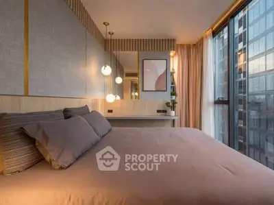 Luxurious modern bedroom with floor-to-ceiling windows and elegant decor.
