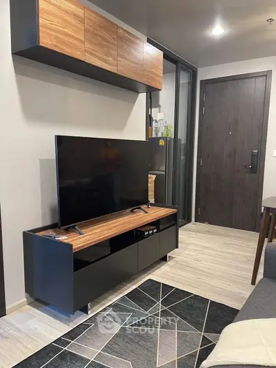 Modern living room with sleek TV stand and stylish decor