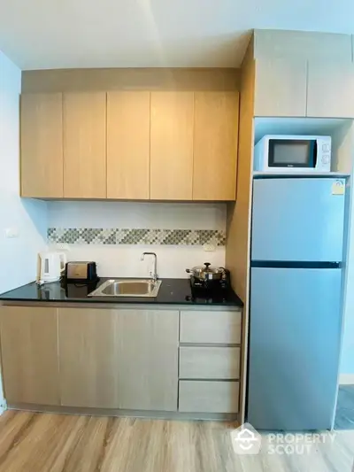 Modern compact kitchen with sleek cabinetry, stainless steel appliances, and stylish backsplash.