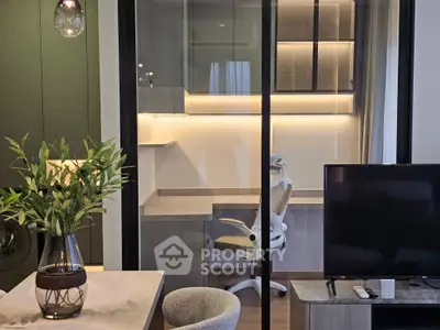 Modern living room with stylish study area and sleek furniture