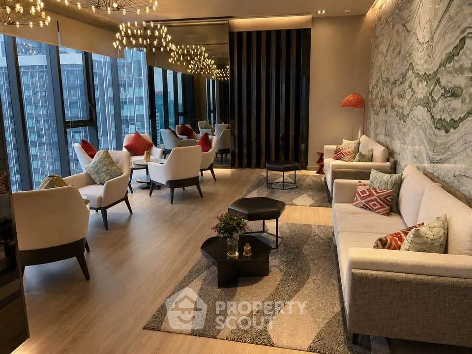 Luxurious modern living room with panoramic city views and elegant decor