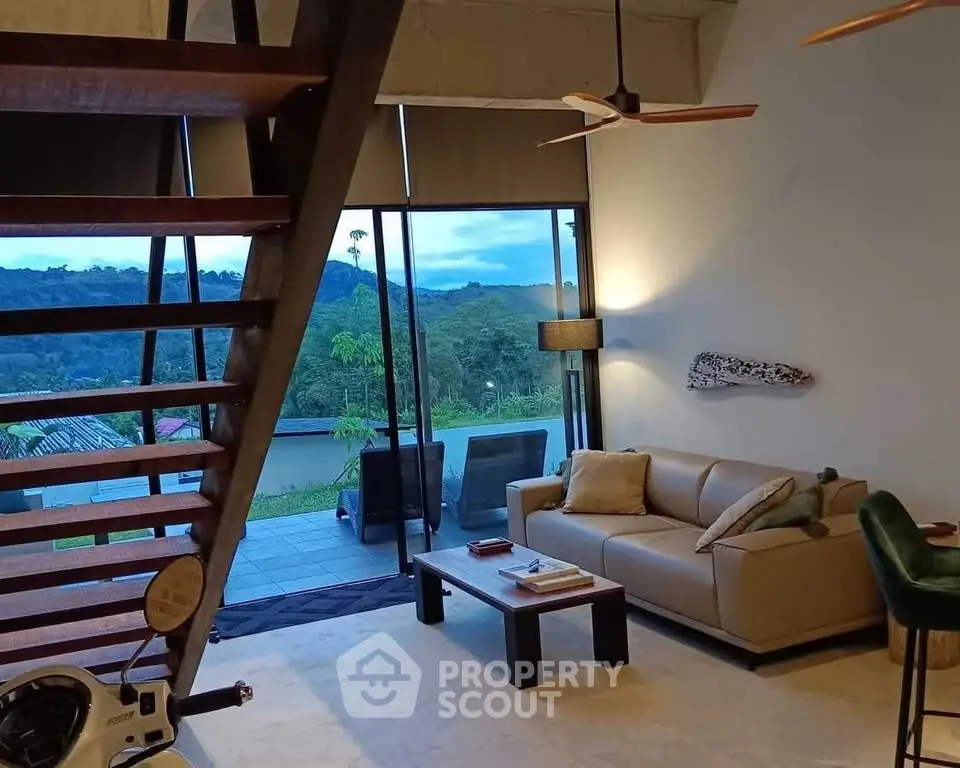 Modern living room with scenic view and stylish interior design