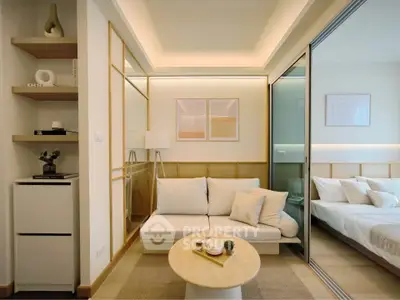 Modern living room with cozy seating and stylish decor