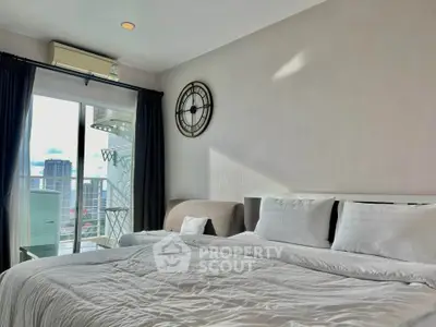 Modern bedroom with city view and stylish decor