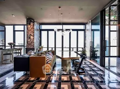 Luxurious modern living room with stunning city view and stylish decor