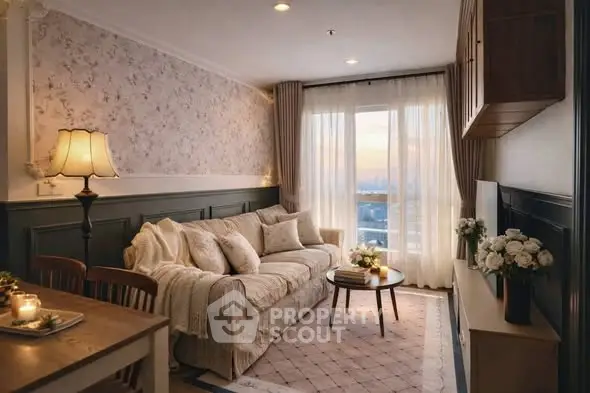 Charming living room with elegant decor and city view, perfect for cozy evenings.
