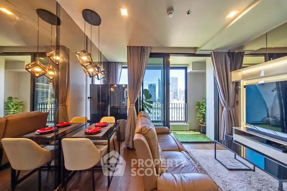 Luxurious modern living room with city view, elegant dining area, and stylish decor.