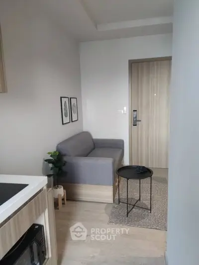Cozy modern living room with minimalist decor and compact sofa