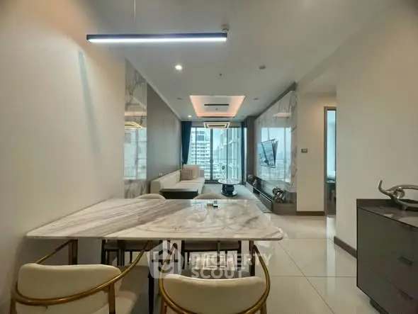 Luxurious modern living room with marble dining table and city view, perfect for urban living.