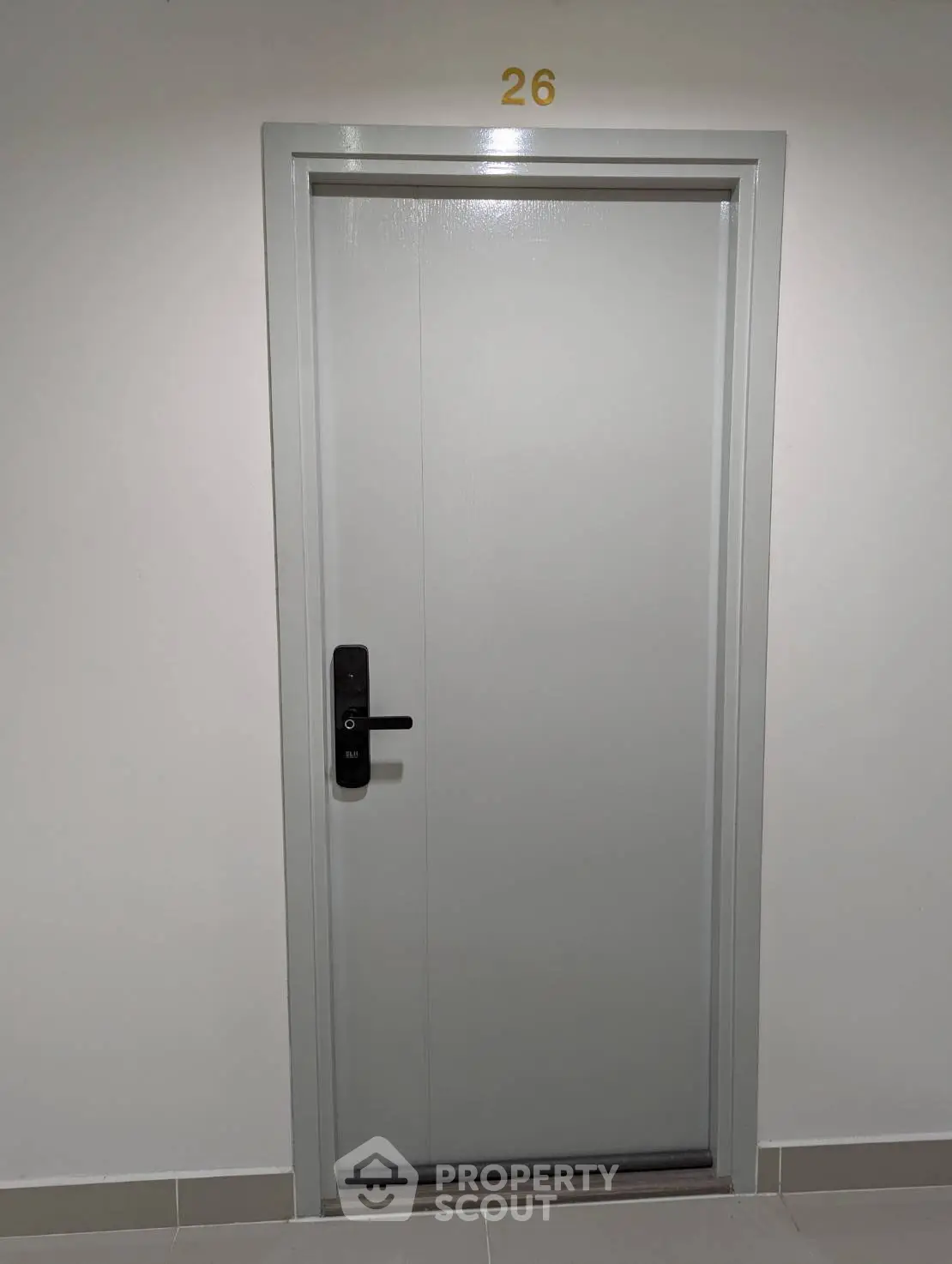 Modern apartment entrance door with sleek design and electronic lock system.