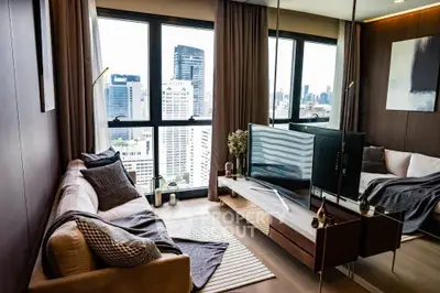 Luxurious living room with stunning city view and modern decor