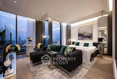 Luxurious bedroom with stunning city view and elegant decor