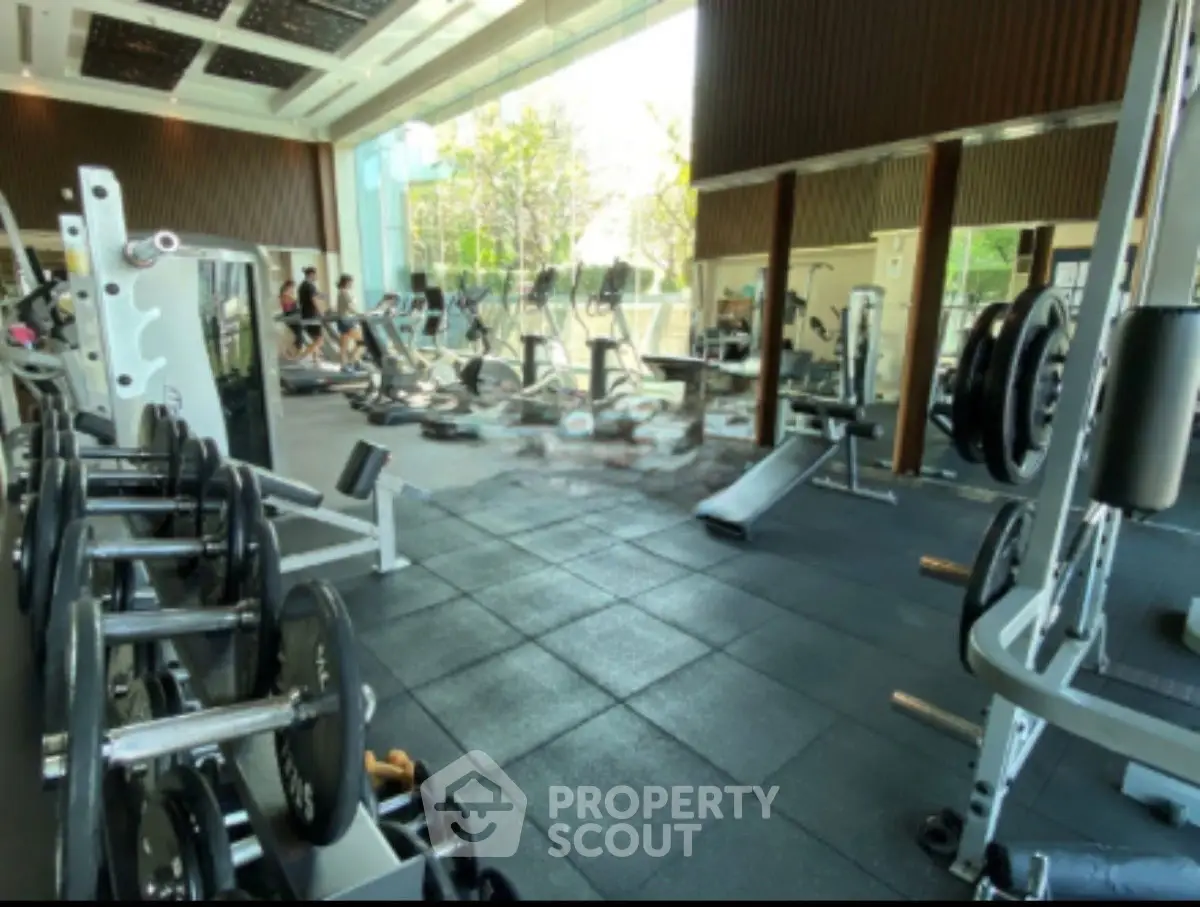 Spacious modern gym with state-of-the-art equipment and large windows for natural light.