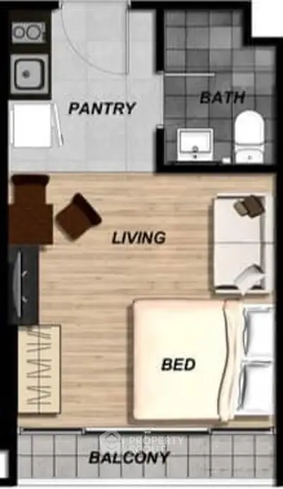 Modern studio apartment floor plan with balcony and open living area.
