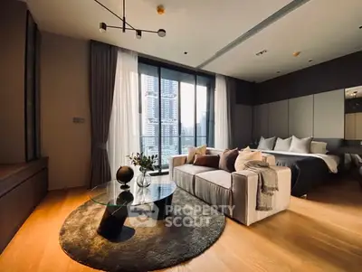 Luxurious modern living room with large windows and city view, featuring elegant decor and cozy seating.