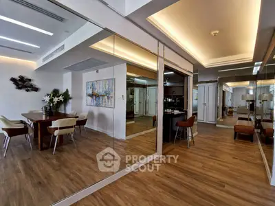 Spacious modern living room with elegant dining area and stylish decor