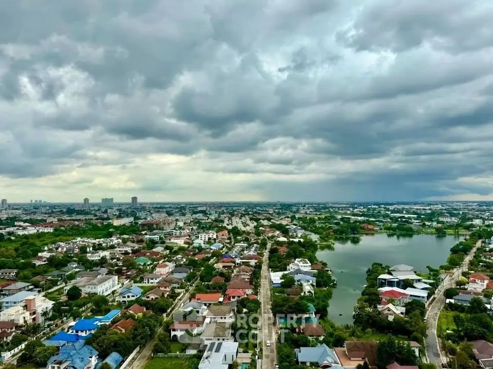 Stunning aerial view of suburban neighborhood with lush greenery and expansive skyline.