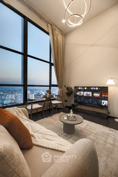 Luxurious living room with stunning city view and modern decor