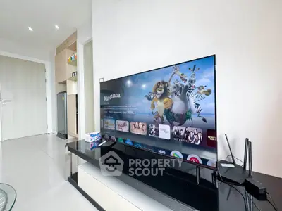 Modern living room with sleek TV setup and minimalist decor