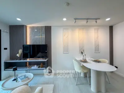 Modern living room with elegant dining area and stylish decor