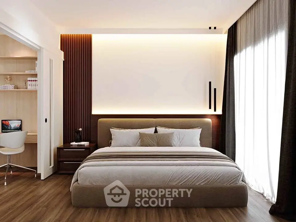 Luxurious modern bedroom with elegant lighting and stylish decor