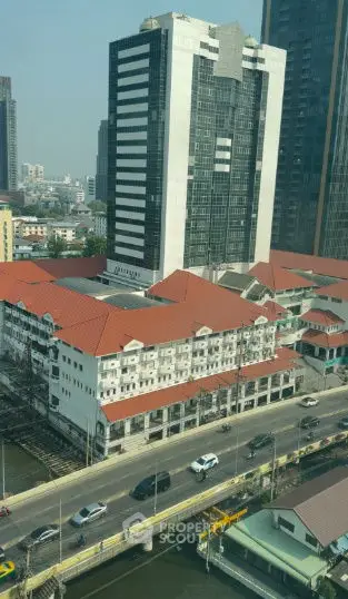 Stunning cityscape view featuring modern high-rise buildings and red-roofed structures.