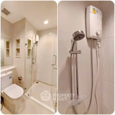 Modern bathroom with glass shower enclosure and electric water heater