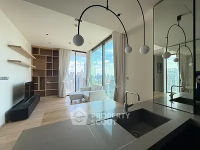 Luxurious modern living room with panoramic city view and elegant furnishings