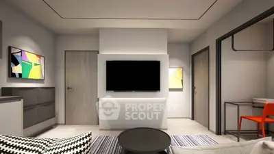 Modern living room with stylish decor and wall-mounted TV