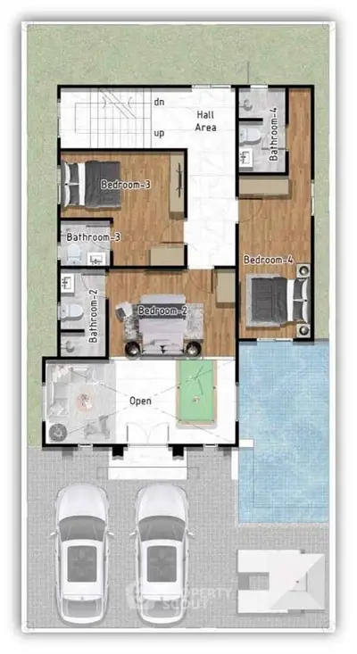 Modern house floor plan with pool, four bedrooms, and spacious living area.