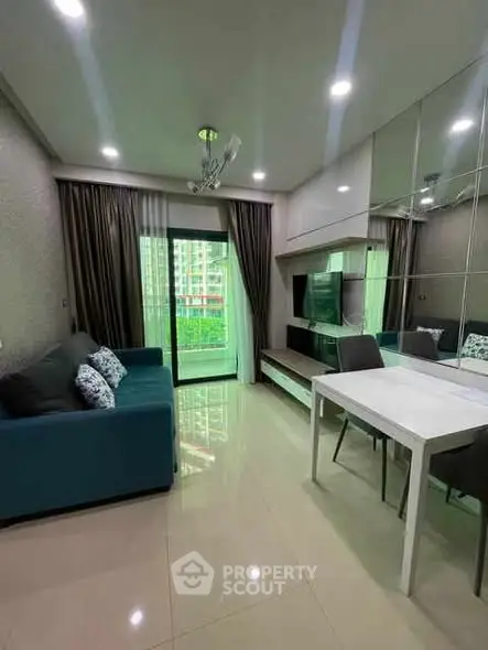 Modern living room with balcony and stylish decor in urban apartment