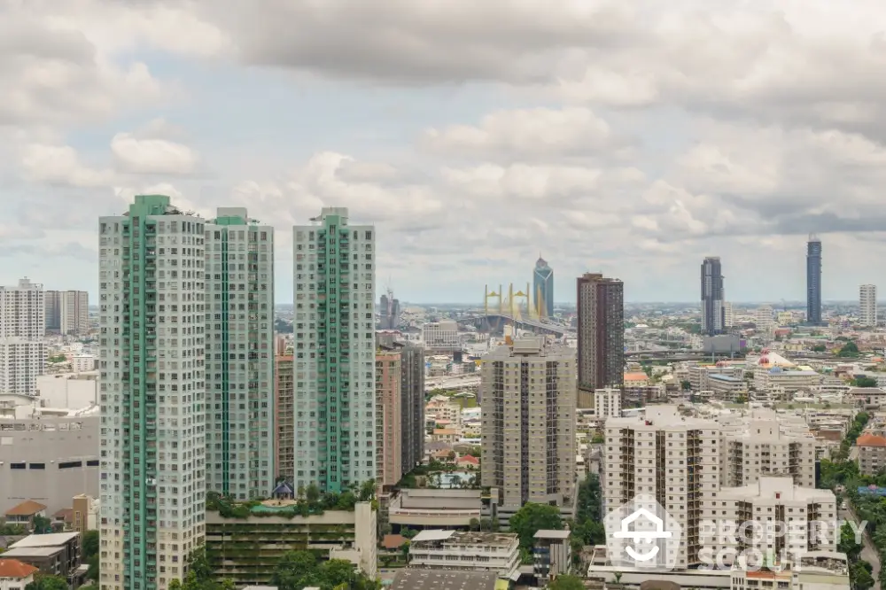 Stunning cityscape view showcasing modern high-rise buildings under a cloudy sky.