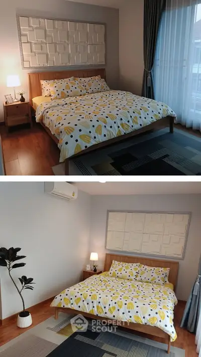 Cozy bedroom with modern decor and large window for natural light