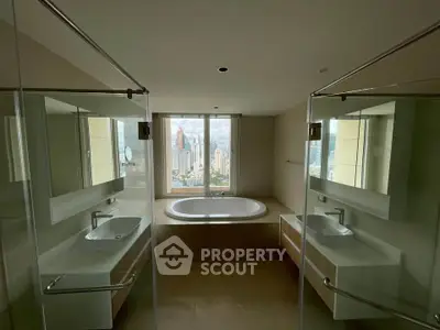 Luxurious bathroom with city view and modern fixtures