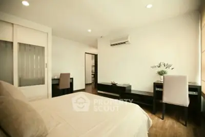 Spacious bedroom with modern decor and natural light