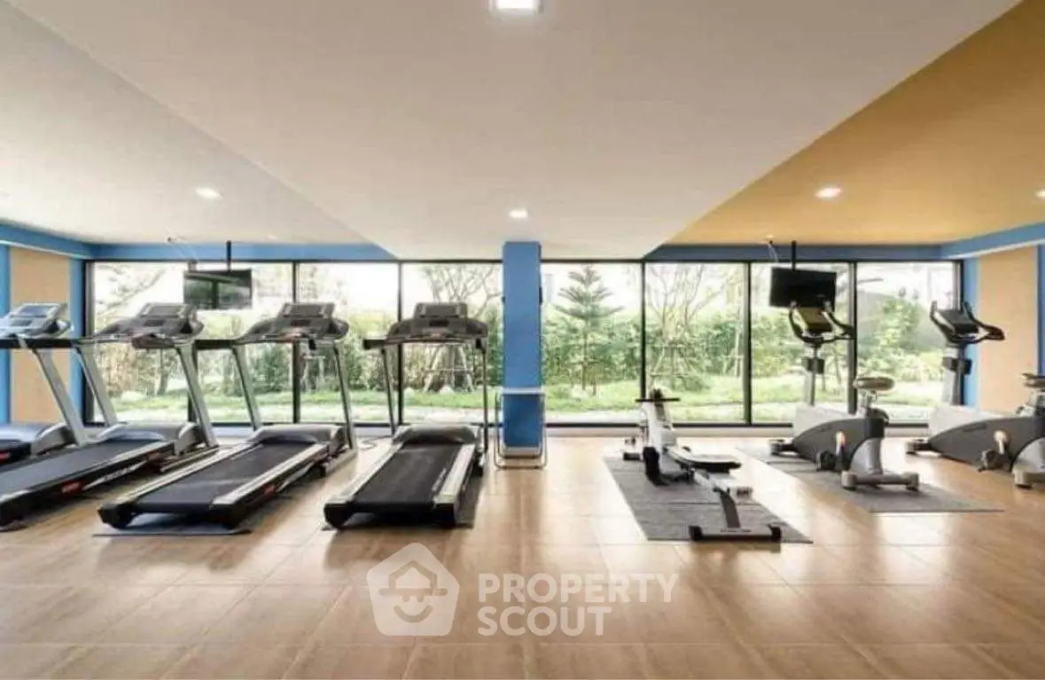 Spacious modern gym with large windows and fitness equipment in a serene setting.