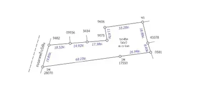 Detailed schematic plan of a property with precise measurements and boundary lines.