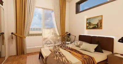 Cozy bedroom with large window and balcony access, featuring elegant decor and ample natural light.