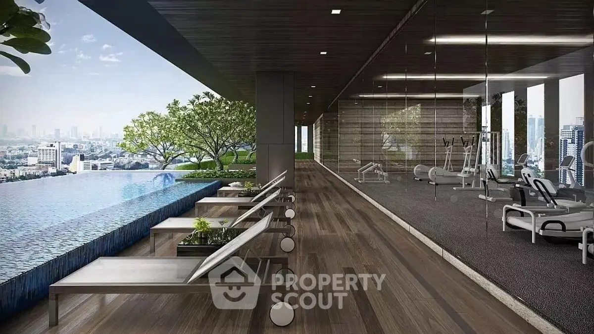 Luxurious rooftop gym with stunning infinity pool and city view