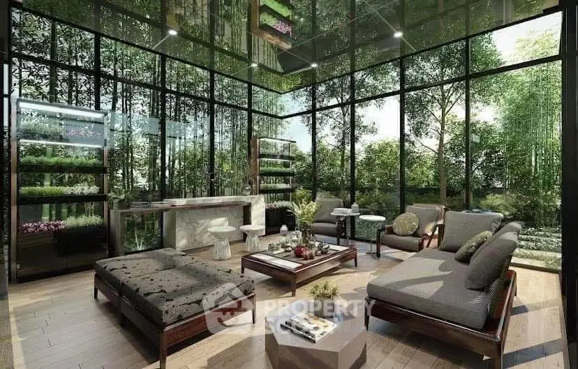 Luxurious living room with floor-to-ceiling windows and lush garden view