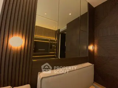 Luxurious modern living room with elegant wood paneling and ambient lighting