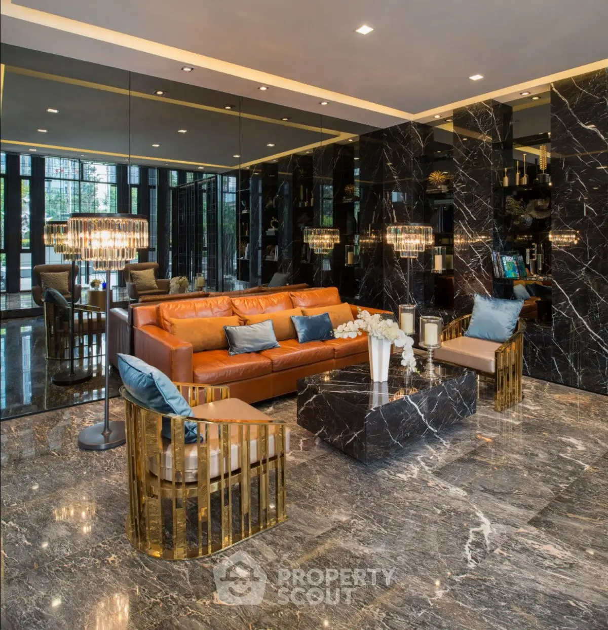 Luxurious living room with marble floors and elegant decor